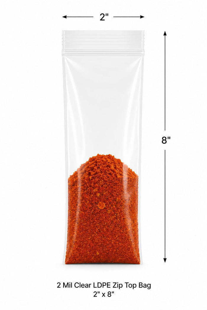 2" x 8" 2 Mil Clear LDPE Zip Top Bag, 1000/Case Reclosable Closure, Food Safe Material, Virgin LDPE Plastic, No Gusset Flat Style, Spices & Sauces Use