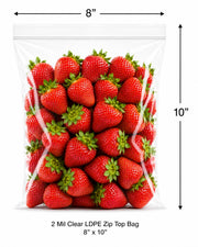 8" x 10" Clear LDPE Zip Top Bag 2 Mil 1,000/Case, Food Safe, Reclosable, 100% Virgin LDPE, No Gusset/Flat