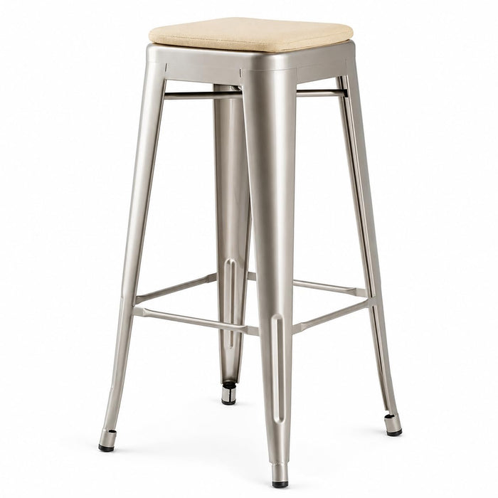 Glownary Alloy Silver Backless Barstool with Tan Magnetic Cushion