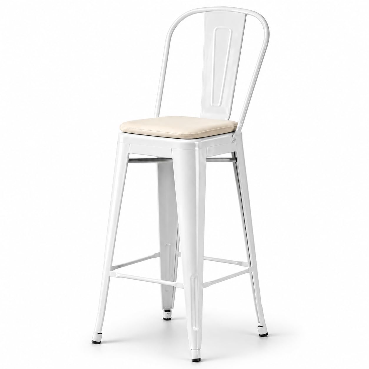 Glownary Alloy Pearl White Metal Bar Stool with Tan Cushion