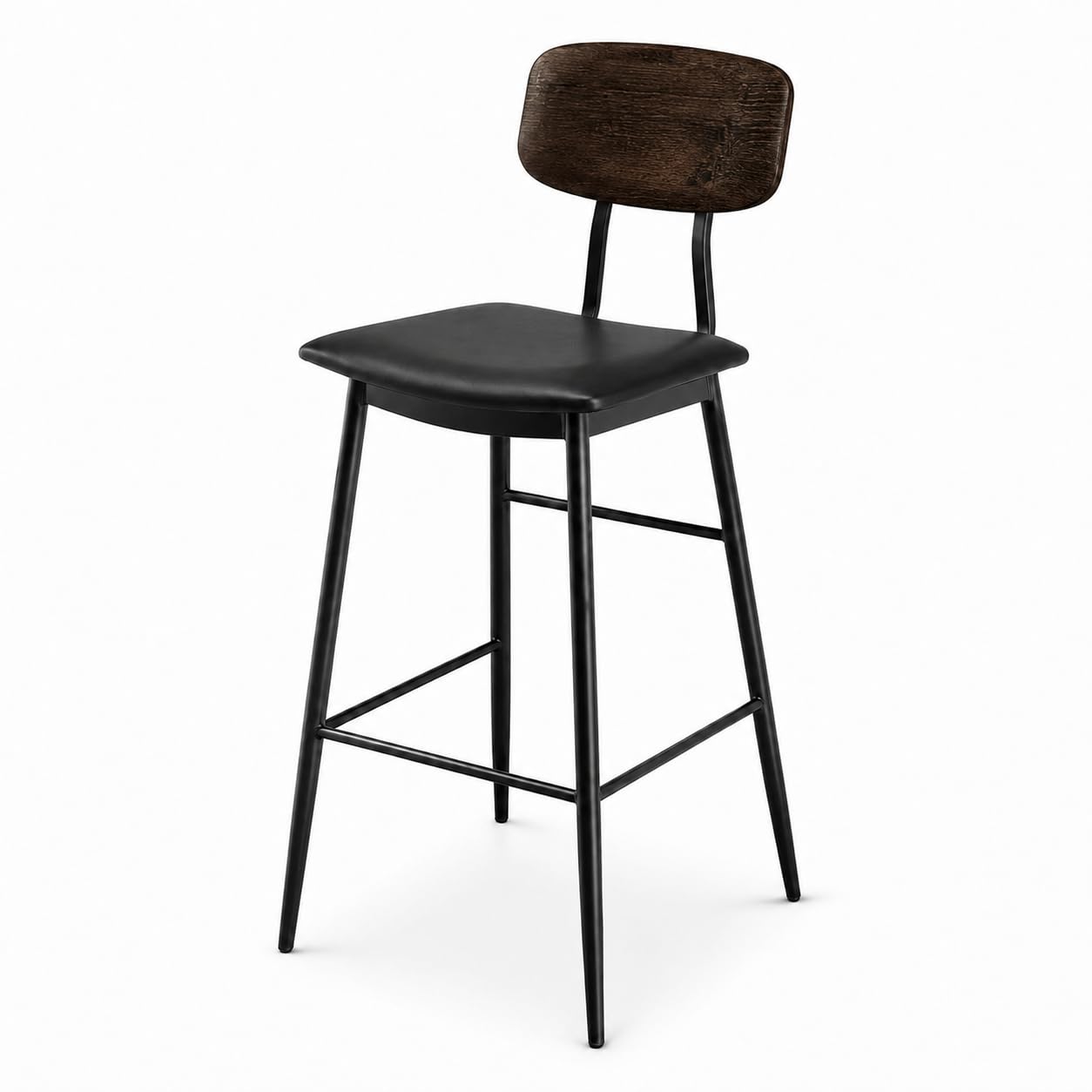 Glownary Mid-Century Black Barstool with Vinyl Seat, Espresso Back