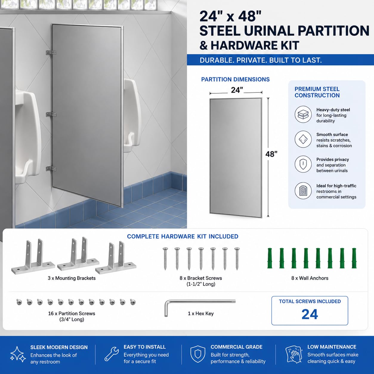 Steel Urinal Partition with Mounting Kit for Restrooms, Silver, 24" x 48" view 3