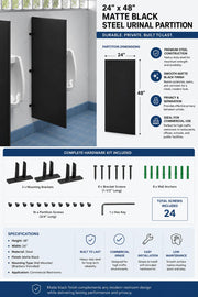 Steel Urinal Partition with Mounting Kit for Restrooms, Black, 1, 24" x 48" view 3