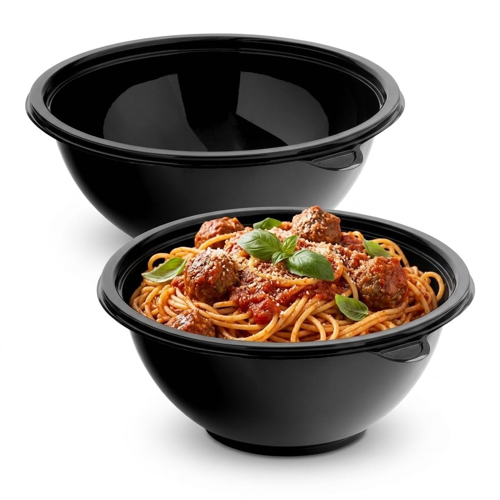 Glownary 80 oz Black PET Plastic Round Catering Bowl 5 Pack