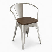 Glownary Alloy Industrial Arm Chair, Silver Metal Frame with Walnut Wood Seat, Stackable, 400 lb Capacity, 28.5 Inch Height, Indoor Use