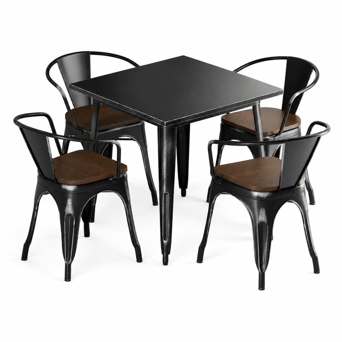 Glownary Alloy 32" x 32" Steel Indoor Table and 4 Arm Chairs, Black