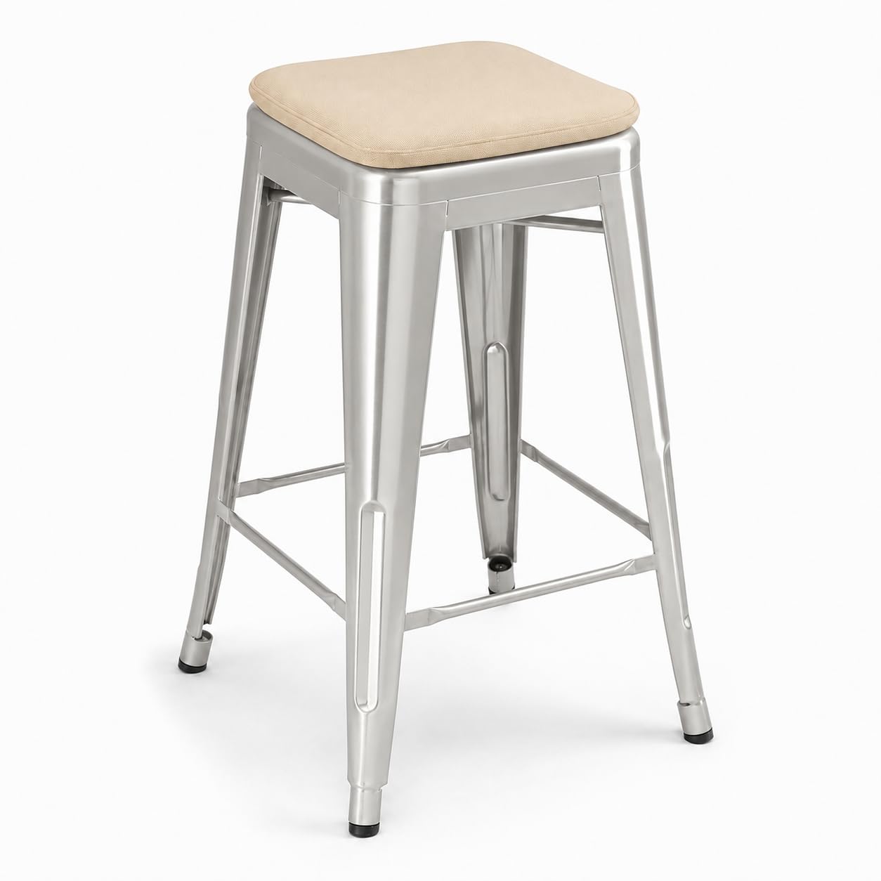 Glownary Alloy Silver Steel Backless Counter Height Stool with Tan Cushion
