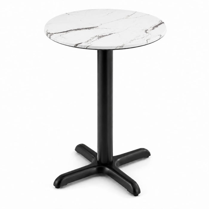 Glownary Excalibur Round Table, White Faux Marble Laminate Top, Black Steel Base, 24 Inch Diameter, Standard Height, Indoor Outdoor Use