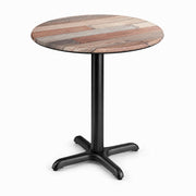 Glownary Excalibur Round Table, Mixed Plank Wood Finish, 32 Inch Diameter, Cross Base, Indoor Outdoor Use, Standard Height, Brown