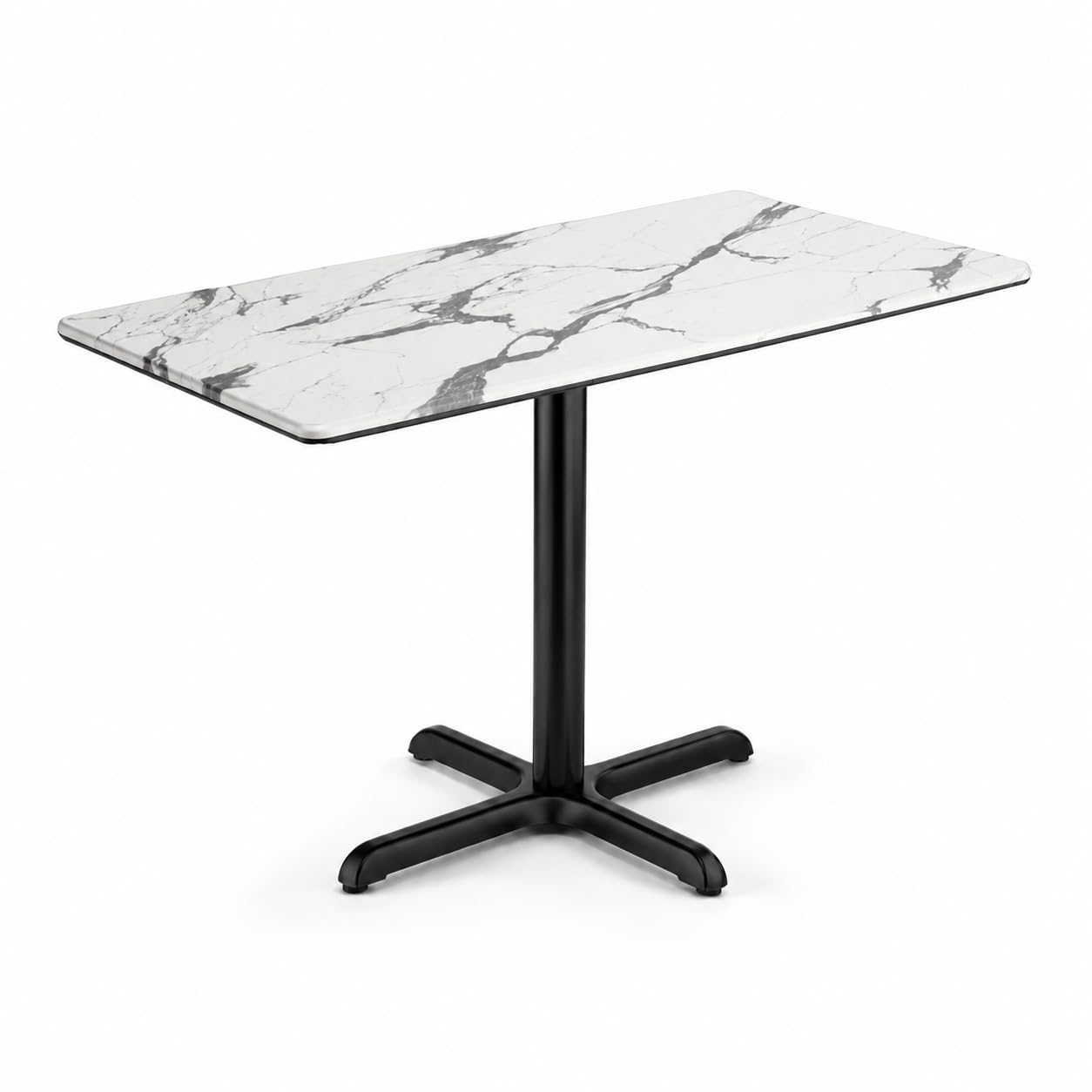 Glownary Excalibur Rectangular Table, White Faux Marble Laminate Top, Black Steel Base, 28x48 Inch, Indoor Outdoor Use