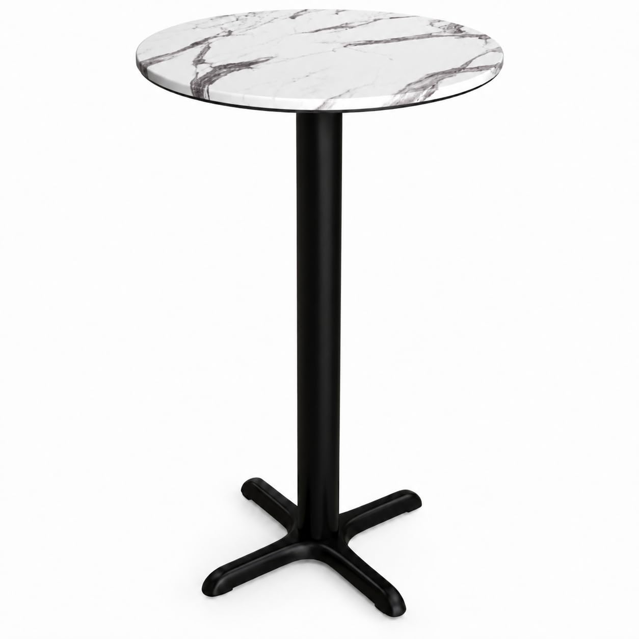 Glownary Excalibur 24-Inch Round Counter Height Table, White Faux Marble Laminate Top with Black Steel Cross Base, Indoor Outdoor Use
