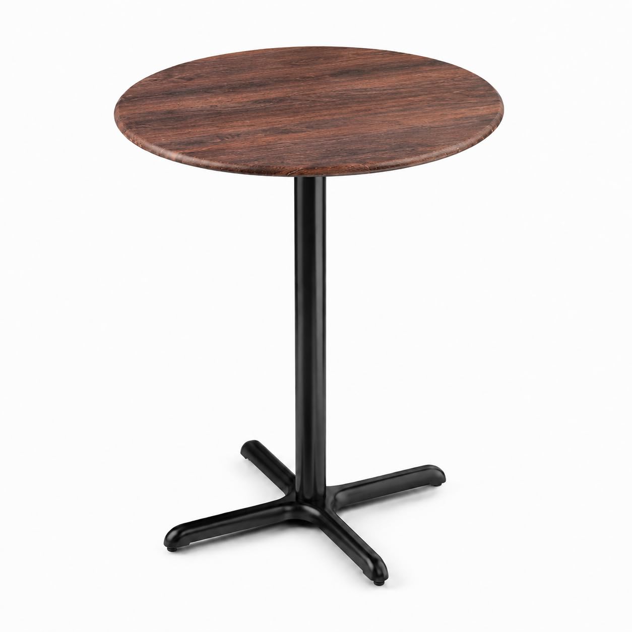 Glownary Excalibur Round Bar Height Table, Textured Walnut Finish, Steel Cross Base, 36 Inch Diameter, Indoor Outdoor Use