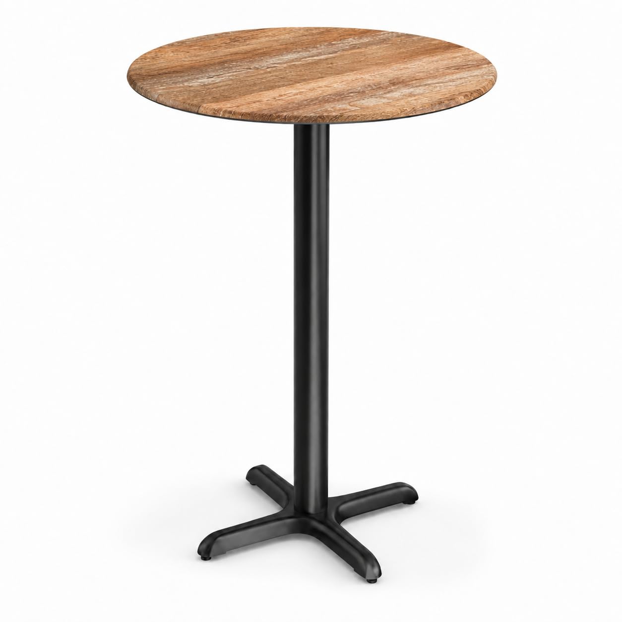 Glownary Excalibur 32-Inch Round Bar Height Table with Textured Yukon Oak Finish, Steel Cross Base, Indoor Outdoor Use, Brown Laminate Top
