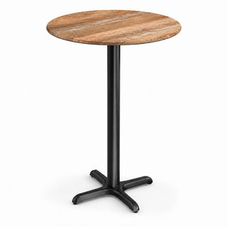 Glownary Excalibur 32-Inch Round Bar Height Table with Textured Yukon Oak Finish, Steel Cross Base, Indoor Outdoor Use, Brown Laminate Top