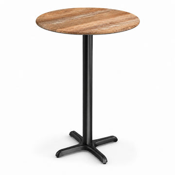 Glownary Excalibur 32-Inch Round Bar Height Table with Textured Yukon Oak Finish, Steel Cross Base, Indoor Outdoor Use, Brown Laminate Top