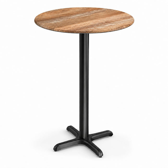 Glownary Excalibur 32-Inch Round Bar Height Table with Textured Yukon Oak Finish, Steel Cross Base, Indoor Outdoor Use, Brown Laminate Top