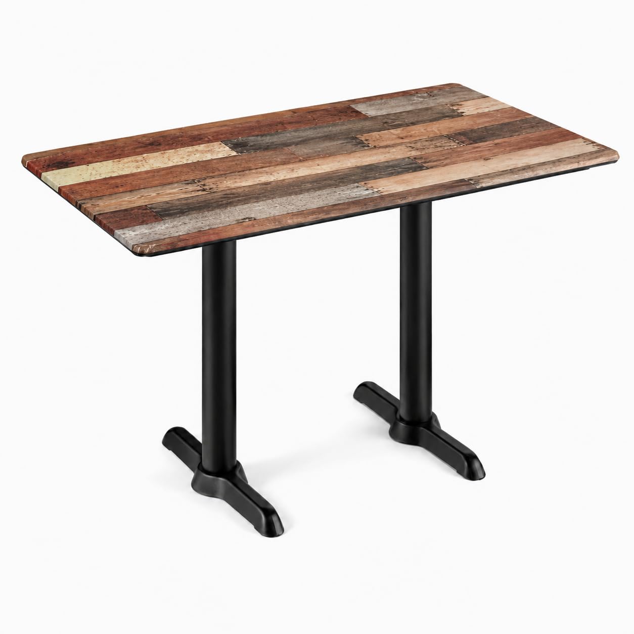 Glownary 48x28 Inch Rectangular Table with Mixed Plank Finish, Standard Height Laminate Top, Steel Base Plates, Indoor Outdoor Use, Beige Brown, 4-Person Seating