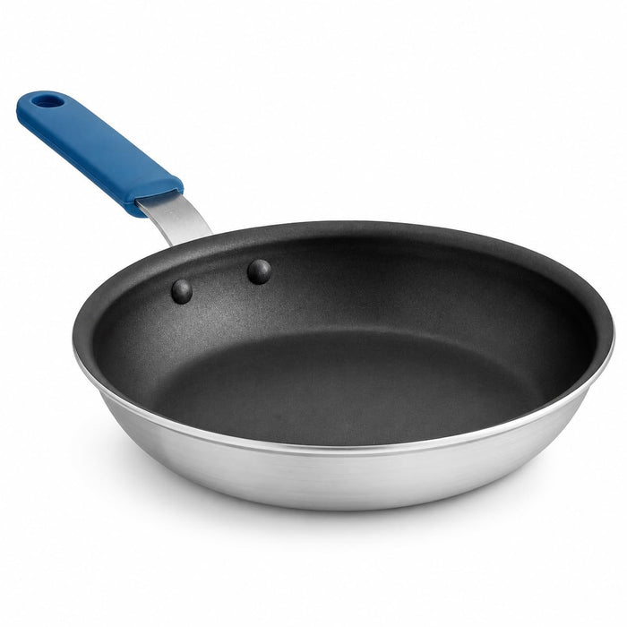 Glownary A3000 Series 10-Inch Aluminum Fry Pan with QuanTanium Non-Stick Coating, Silicone Grip Handle, Silver, Commercial Grade, Made in USA