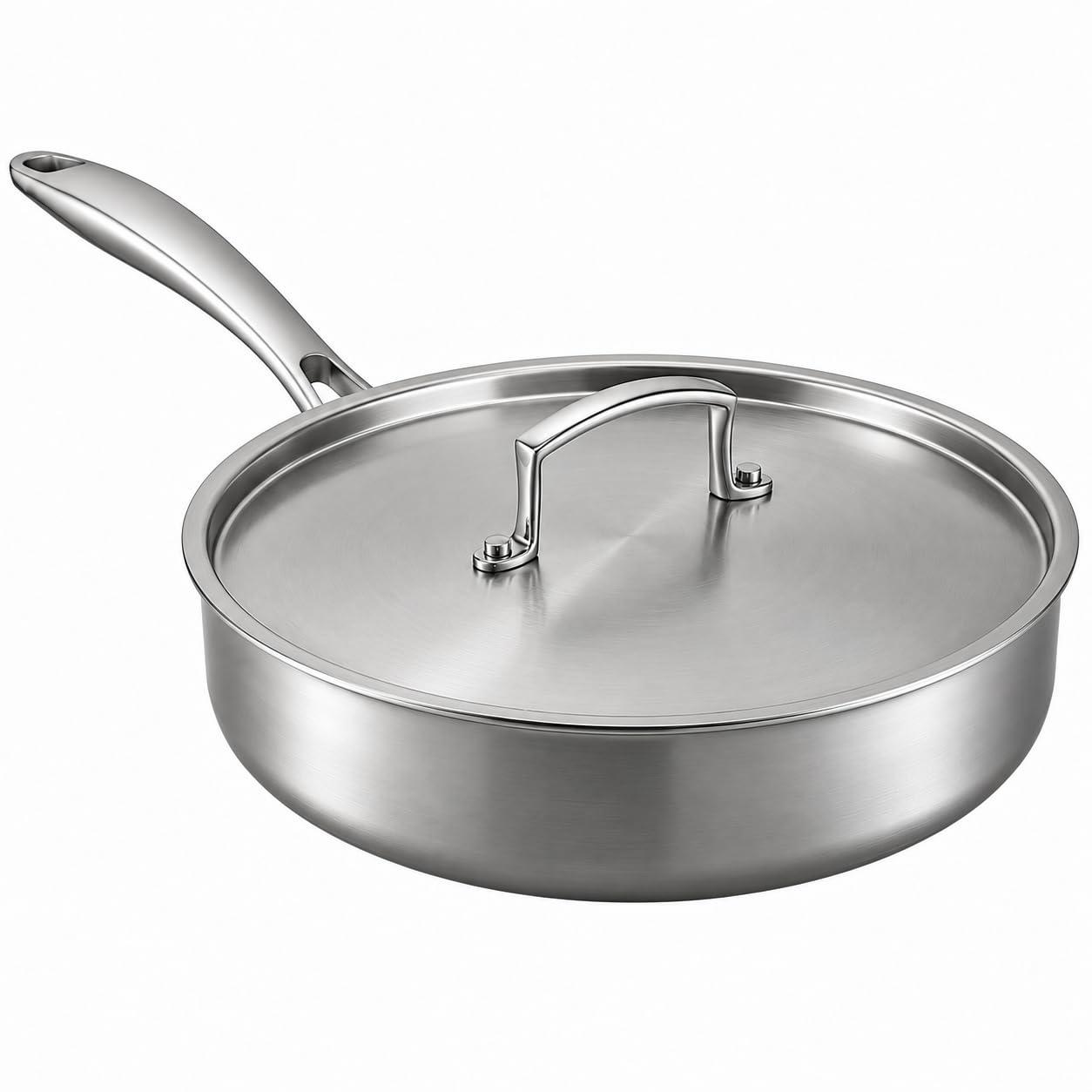 Glownary SS3 Series 3 Qt Tri-Ply Stainless Steel Saute Pan with Cover, Silver, Straight Sides, Induction Ready, NSF Listed, 10-Inch Diameter