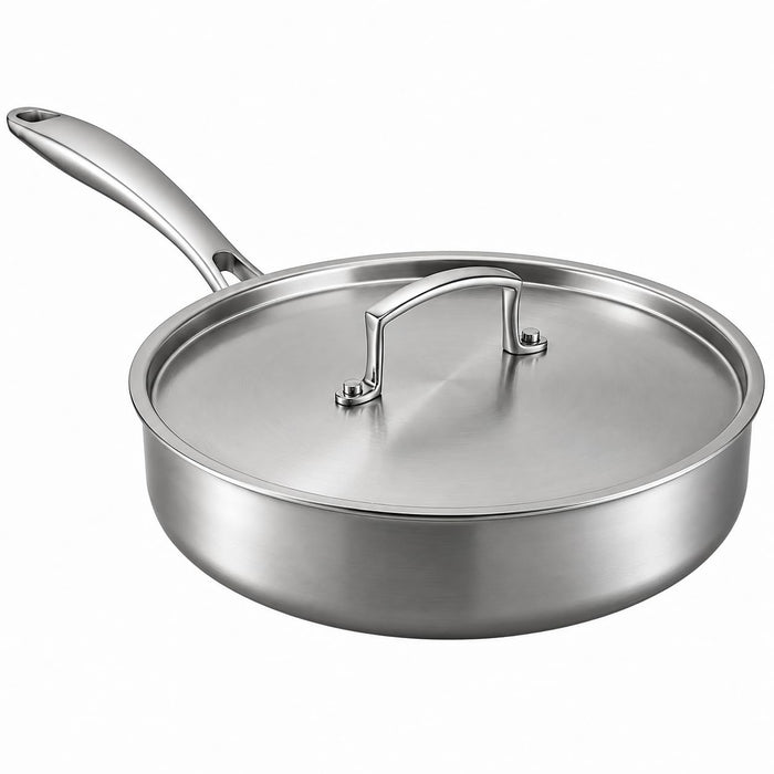 Glownary SS3 Series 3 Qt Tri-Ply Stainless Steel Saute Pan with Cover, Silver, Straight Sides, Induction Ready, NSF Listed, 10-Inch Diameter