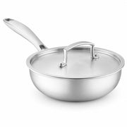 Glownary SS3 Series 2 Qt Tri-Ply Stainless Steel Saucier Pan with Cover, Silver, Ergonomic Handle, NSF Listed, Induction Ready, 8 Inch Diameter