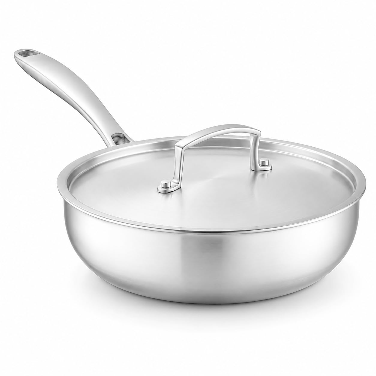 Glownary SS3 Series 3 Qt. Tri-Ply Stainless Steel Saucier Pan with Cover, Silver, Induction Ready, Dishwasher Safe, Flared Design, 10-Inch Diameter