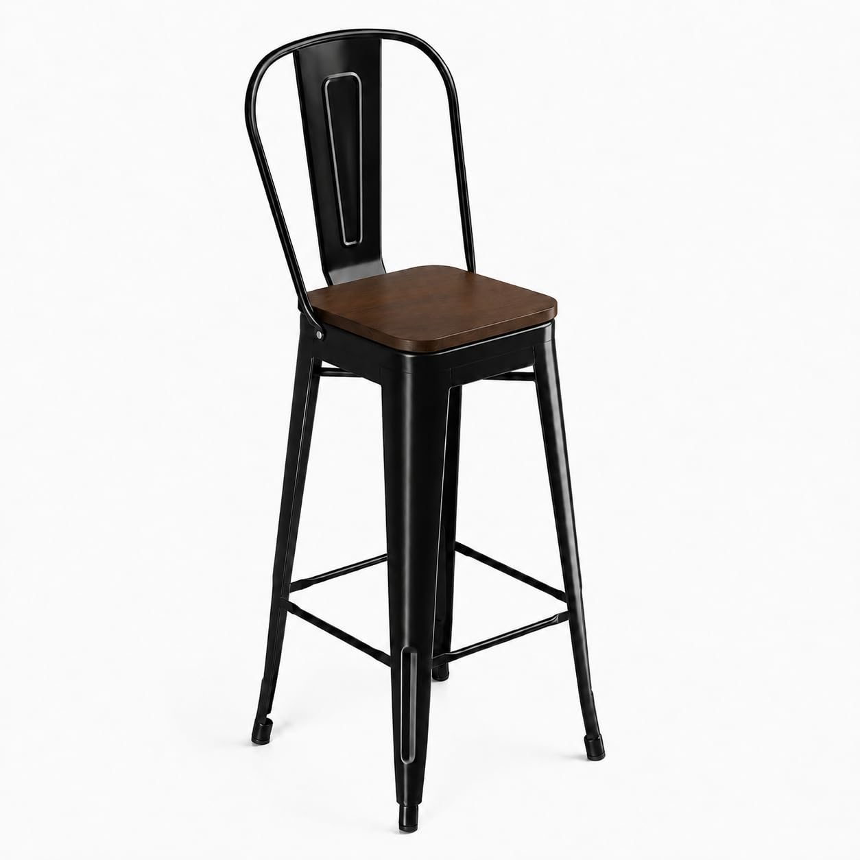 Glownary Alloy Onyx Black Indoor Cafe Barstool with Walnut Wood Seat