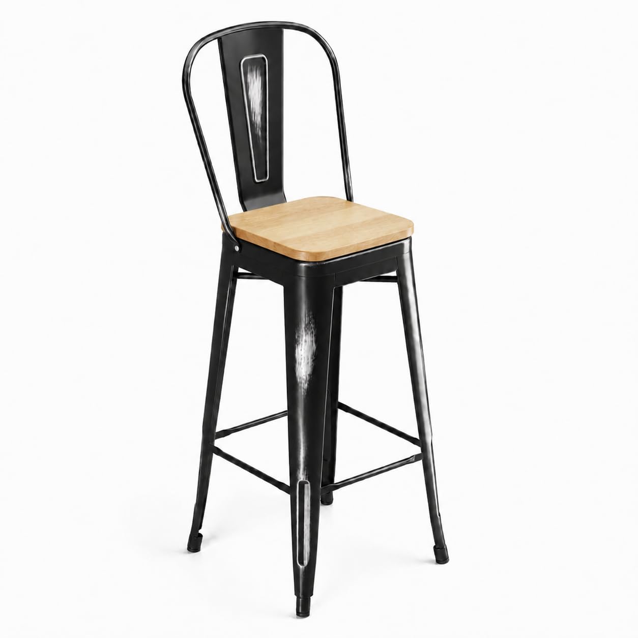 Glownary Alloy Distressed Onyx Black Cafe Barstool with Wood Seat