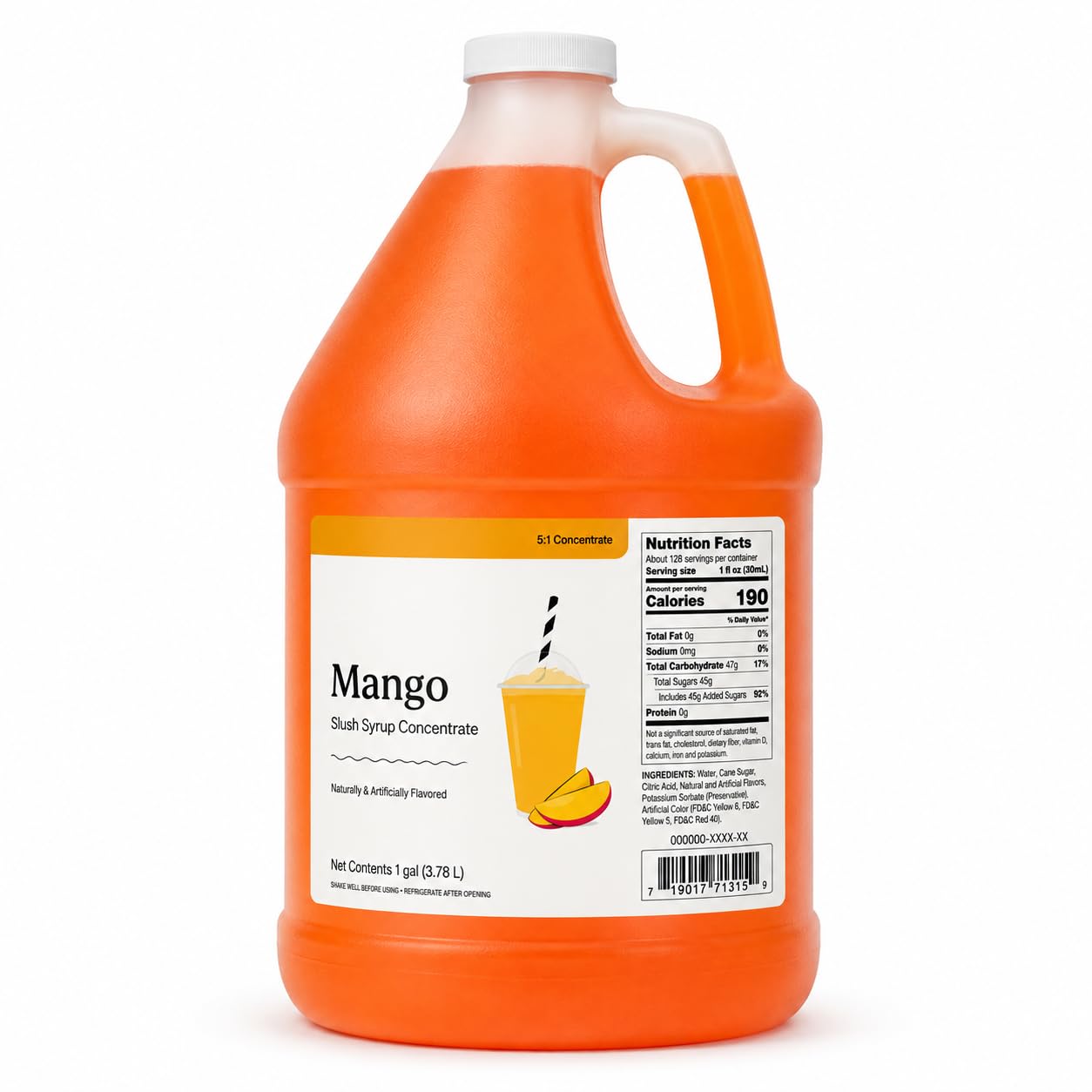Slushy Mix Concentrate 1 Gallon – 5:1 Frozen Drink Syrup for Slushie, Granita & Snow Cone Machines – High Yield (48 Servings) – Gluten Free – Commercial Beverage Mix – Made in USA (4/Case, Mango)