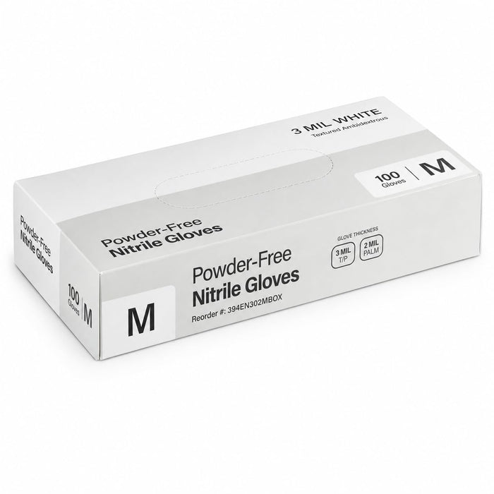 Glownary Nitrile Powder-Free Textured Gloves 3 Mil White Medium