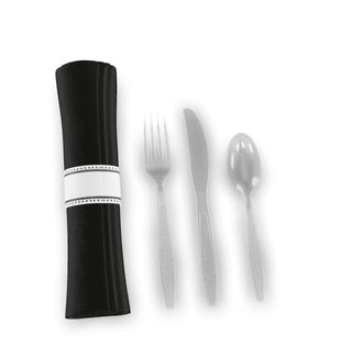 Pre-Rolled Linen-Feel Napkin and Black Polystyrene Plastic Cutlery Set, 17x17 Inch, White and Black, Extra Heavy Weight, 100 per Case (1, Black/Clear, 17" x 17")