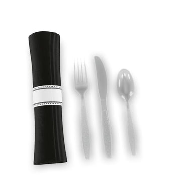 Pre-Rolled Linen-Feel Napkin and Black Polystyrene Plastic Cutlery Set, 17x17 Inch, White and Black, Extra Heavy Weight, 100 per Case (1, Black/Clear, 17" x 17")
