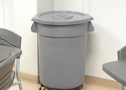 32 Gallon Gray Round Commercial Trash Can with Lid and Dolly