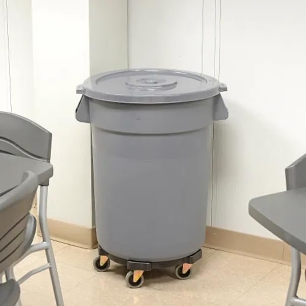 32 Gallon Gray Round Commercial Trash Can with Lid and Dolly