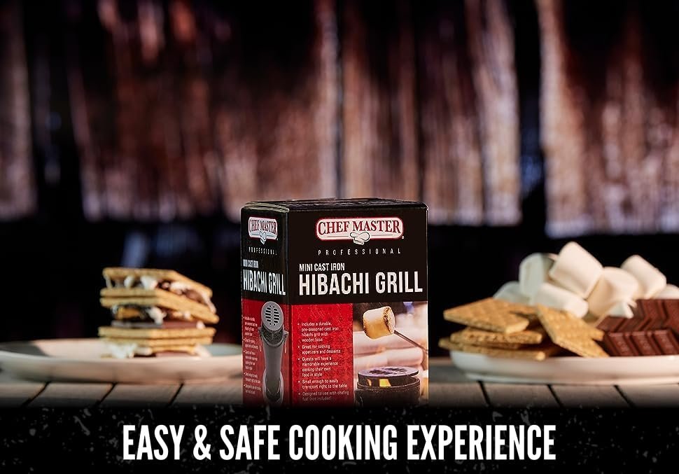 Mini Tabletop Fire Pit and Cast Iron Hibachi Grill Pan, Camping Tabletop Fire Pit Indoor & Outdoor Grill for Smores, BBQ, Smores Maker, Smokeless Firepit, Portable Mini Japanese Grill by Chef Master