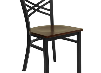 Flash Furniture 2 Pack HERCULES Series Black ''X'' Back Metal Restaurant Chair - Mahogany Wood Seat