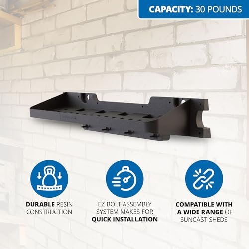 Suncast 25" x 8" x 5.5" Resin Shelf Accessory with Storage Hooks and EZ Bolt Assembly for Select Outdoor Shed Models, Black (2-Pack)