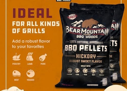 Bear Mountain 2-Pack All Natural Wood Pellets for Smoker, Grill & BBQ, 20 Lbs, Hickory - Premium Hardwood Barbecue Pellets for Indoor and Outdoor Grilling