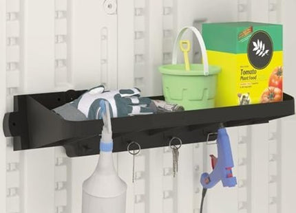 Suncast 25" x 8" x 5.5" Resin Shelf Accessory with Storage Hooks and EZ Bolt Assembly for Select Outdoor Shed Models, Black (2-Pack)