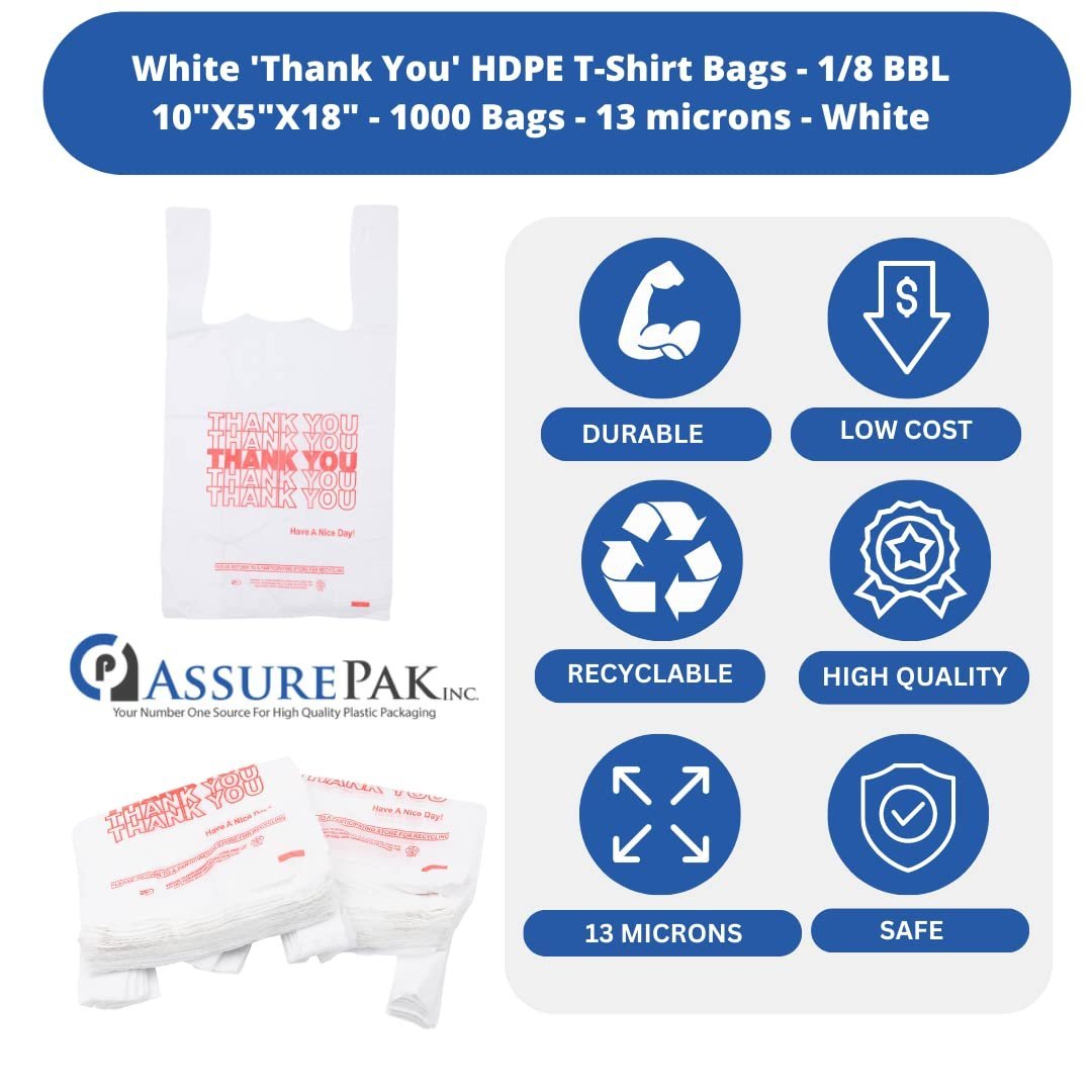 1/8 Size .51 Mil White Thank You Plastic T-Shirt Bag - 1000/Case