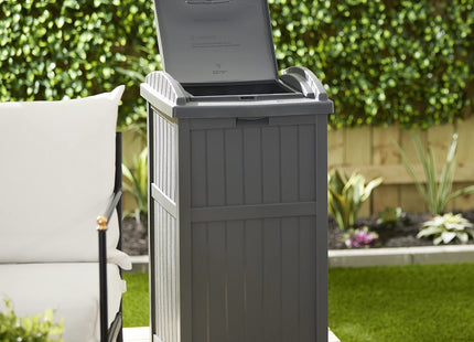 Suncast 30-Gallon Durable Hideaway Trash Waste Bin Container for Outdoor with Solid Bottom Panel and Latching Lid