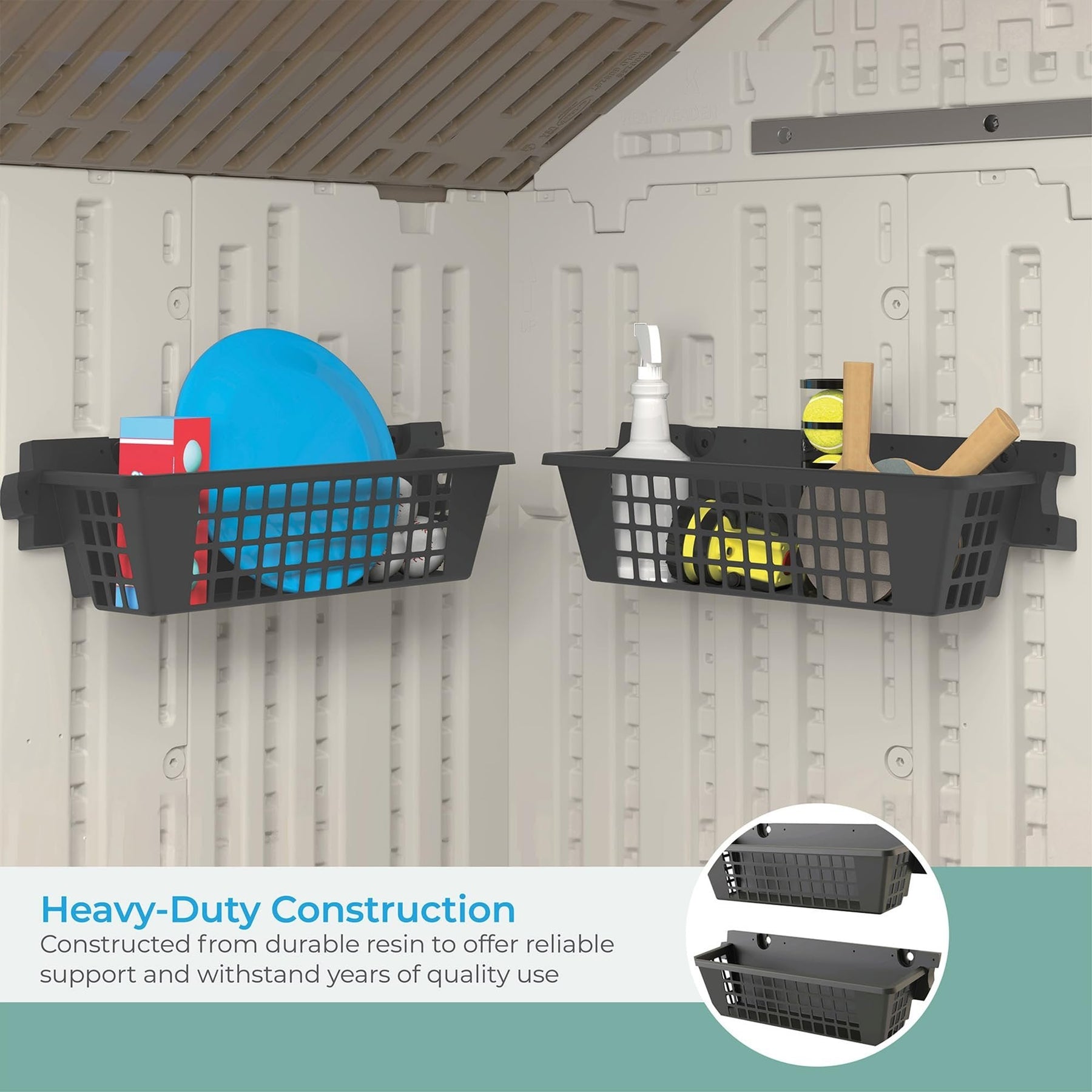 Suncast 25" x 7.25" x 7" Resin Shelf Basket Accessory with EZ Bolt Assembly for Select Outdoor Shed Storage Models, Black (2-Pack)