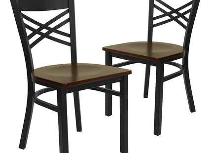Flash Furniture 2 Pack HERCULES Series Black ''X'' Back Metal Restaurant Chair - Mahogany Wood Seat