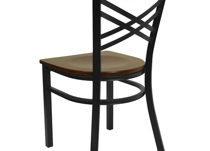 Flash Furniture 2 Pack HERCULES Series Black ''X'' Back Metal Restaurant Chair - Mahogany Wood Seat