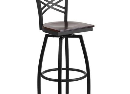 HERCULES Series Black ''X'' Back Swivel Metal Barstool - Black Vinyl Seat