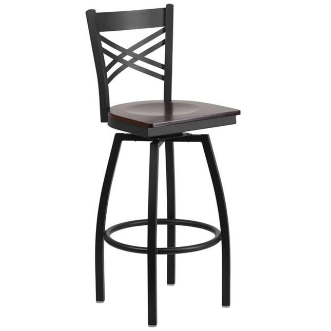 HERCULES Series Black ''X'' Back Swivel Metal Barstool - Black Vinyl Seat