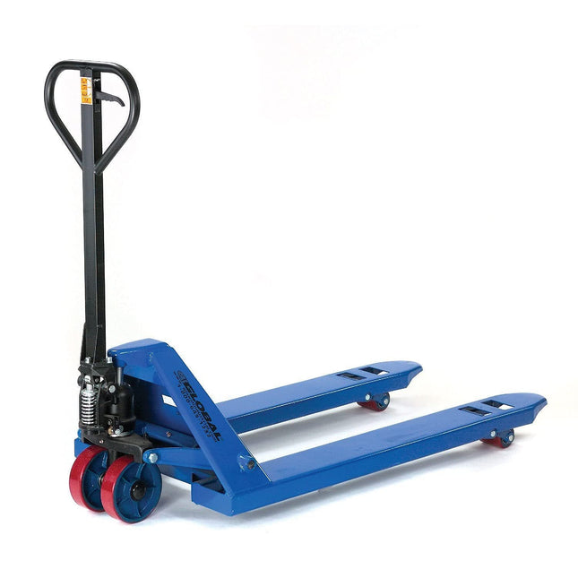 Global Industrial High Capacity Pallet Jack with 27"W x 48"L Forks, 6600 Lb. Capacity, Manual Duty Truck for Warehouse, Manufacturing and Retail, Blue Powder Coat Finish