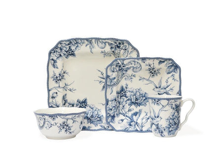 222 Fifth Adelaide 16-Piece Square Floral Dinnerware Set – Service for 4, Porcelain Plates & Bowls, for Everyday Dining & Entertainment, Microwave & Dishwasher Safe, Chip Resistant