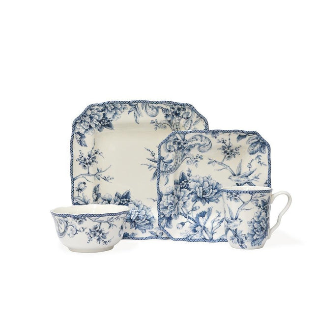 222 Fifth Adelaide 16-Piece Square Floral Dinnerware Set – Service for 4, Porcelain Plates & Bowls, for Everyday Dining & Entertainment, Microwave & Dishwasher Safe, Chip Resistant