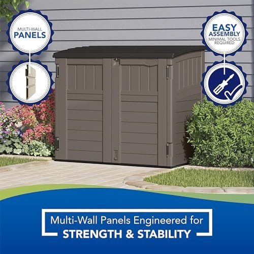 Suncast Modernist 4' x 2.5' Lockable Outdoor Garden Resin Low Profile Horizontal Storage Shed with 3 Doors, 34 Cubic Feet, Gray